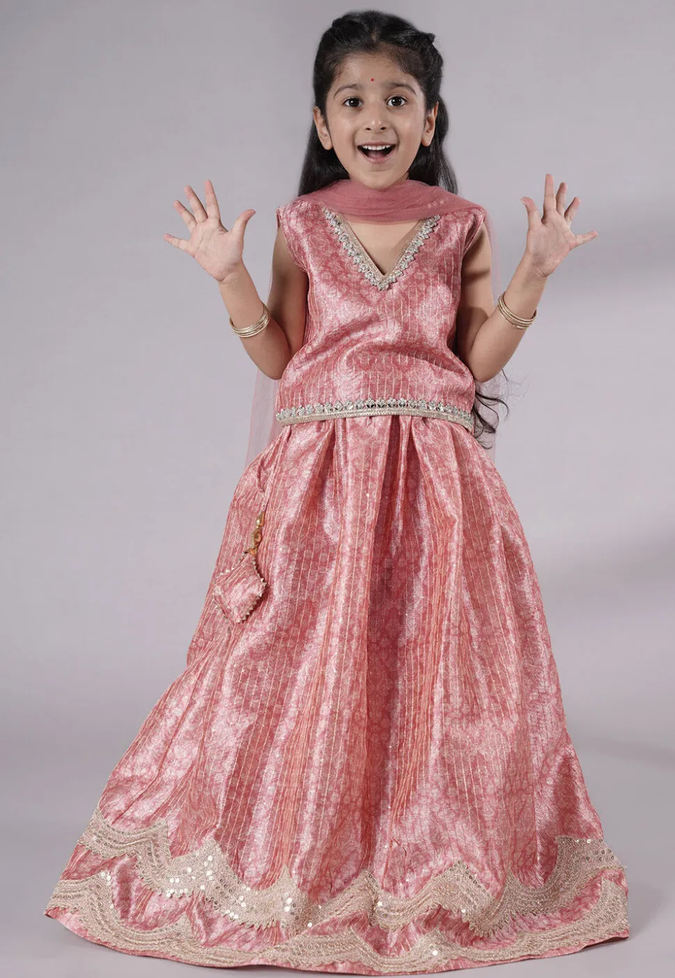 Digital Printed Net Lehenga in Peach