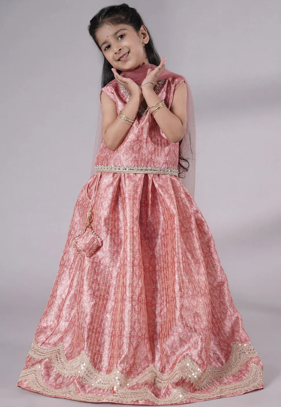 Digital Printed Net Lehenga in Peach
