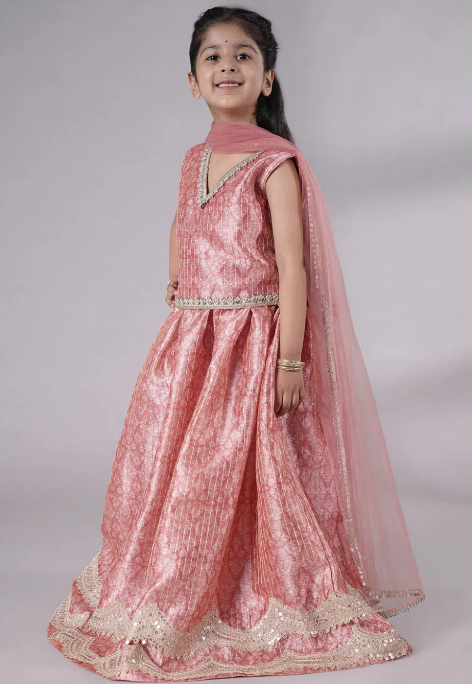 Digital Printed Net Lehenga in Peach