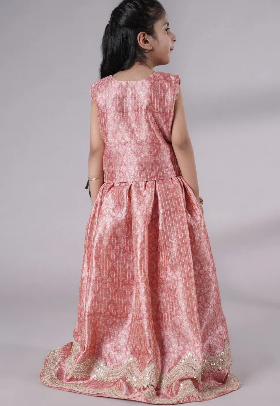 Digital Printed Net Lehenga in Peach