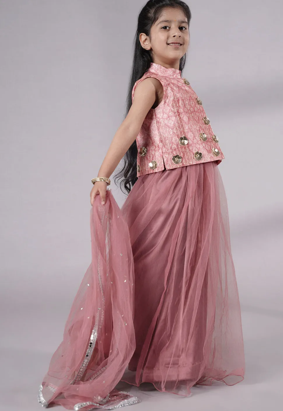 Digital Printed Net Lehenga in Peach