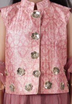 Digital Printed Net Lehenga in Peach