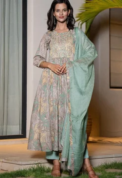 Digital Printed Organic Cotton and Malmal Cotton Punjabi Suit in Grey