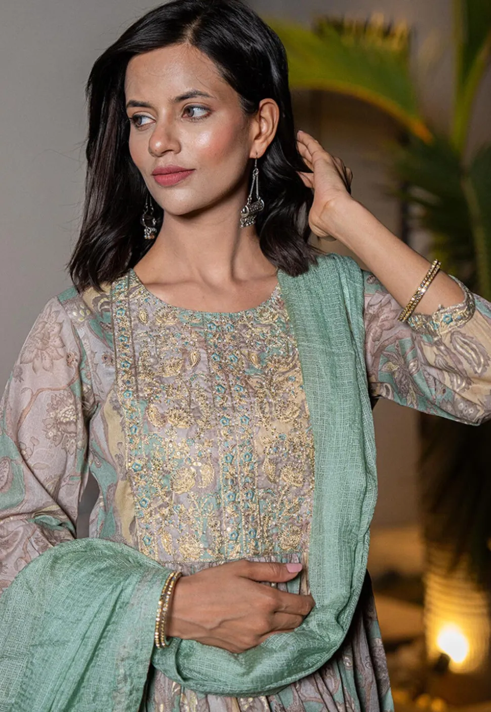 Digital Printed Organic Cotton and Malmal Cotton Punjabi Suit in Grey