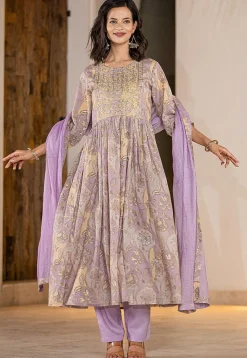 Digital Printed Organic Cotton and Malmal Cotton A Line Suit in Light Purple