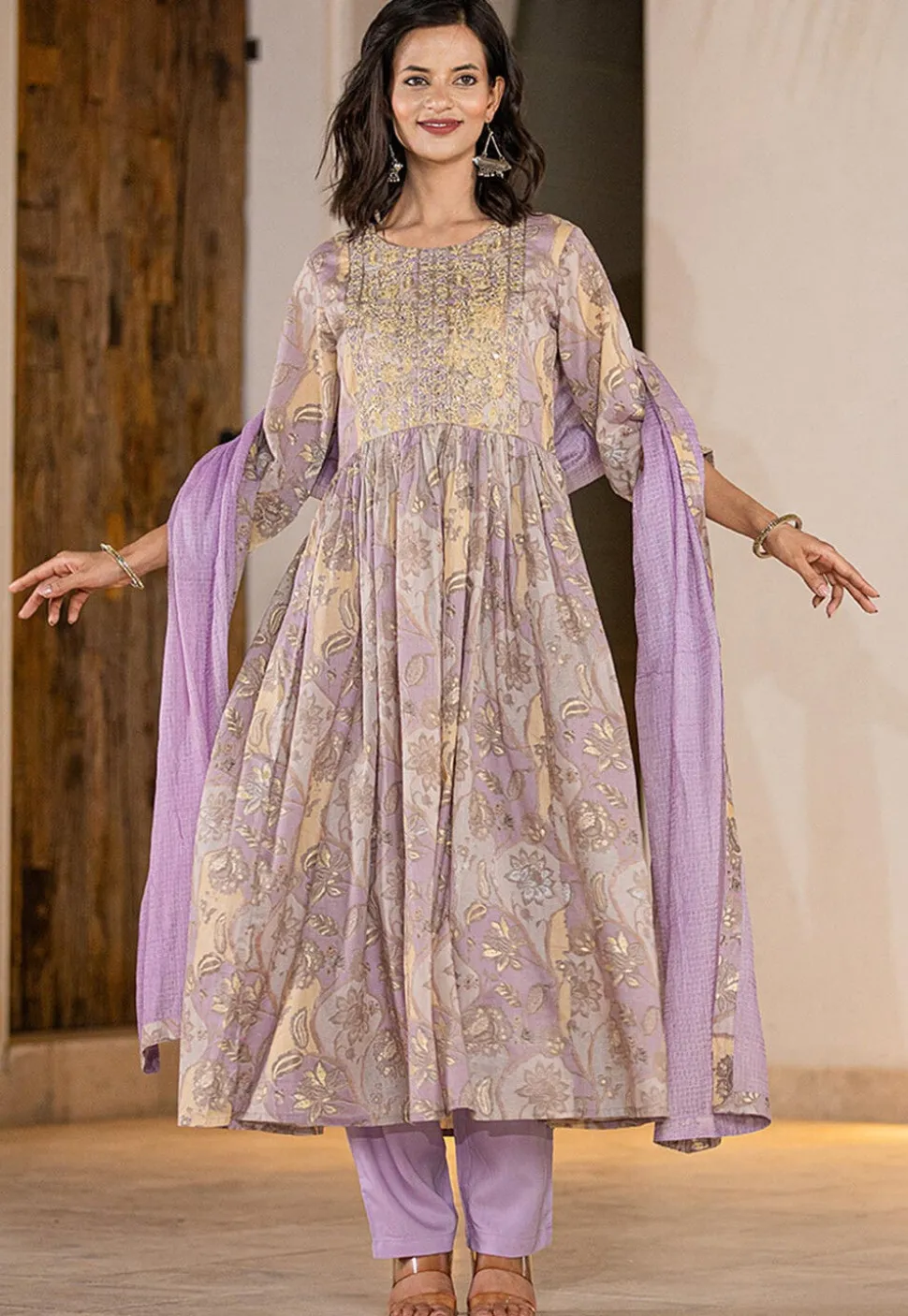 Digital Printed Organic Cotton and Malmal Cotton A Line Suit in Light Purple