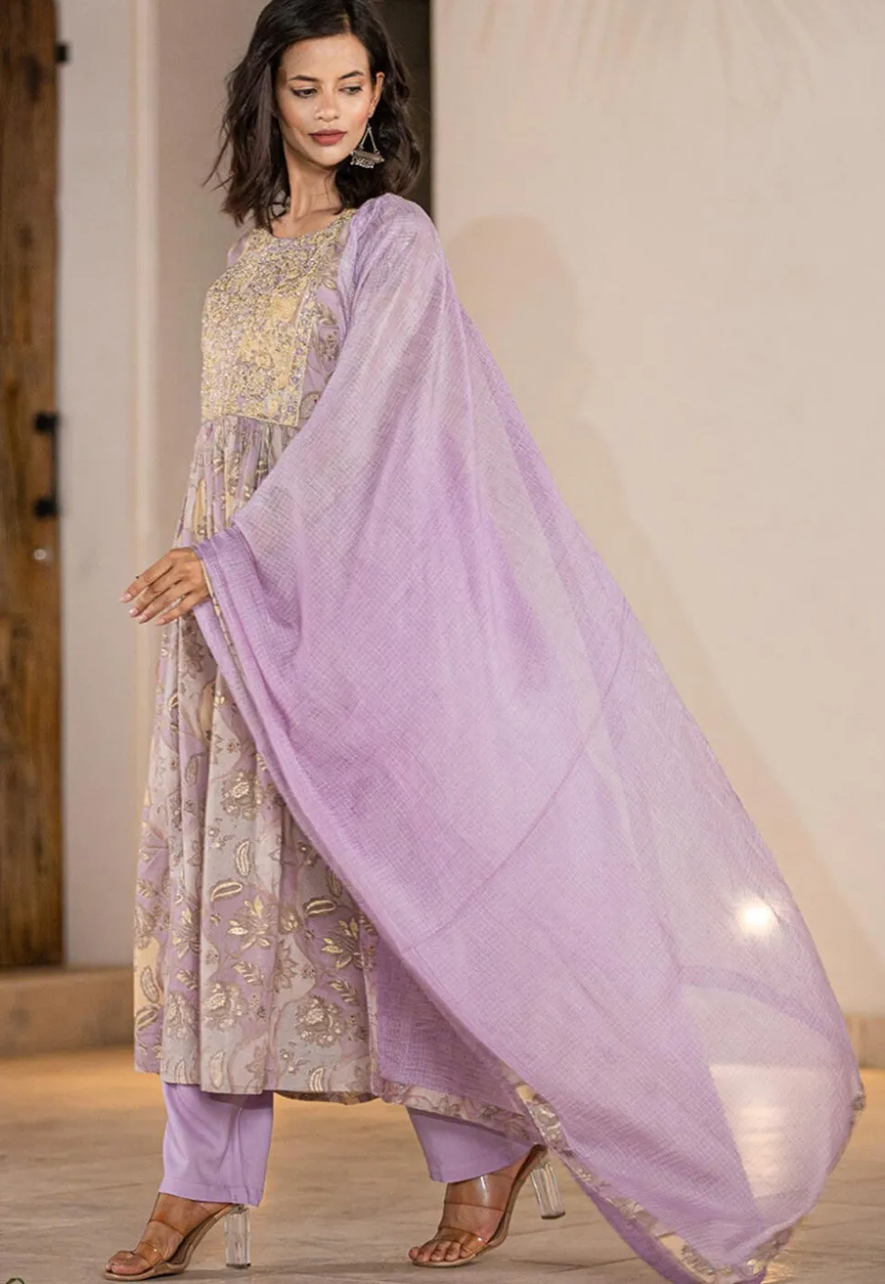 Digital Printed Organic Cotton and Malmal Cotton A Line Suit in Light Purple
