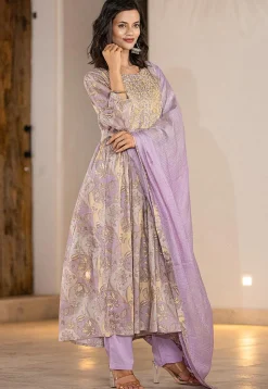 Digital Printed Organic Cotton and Malmal Cotton A Line Suit in Light Purple