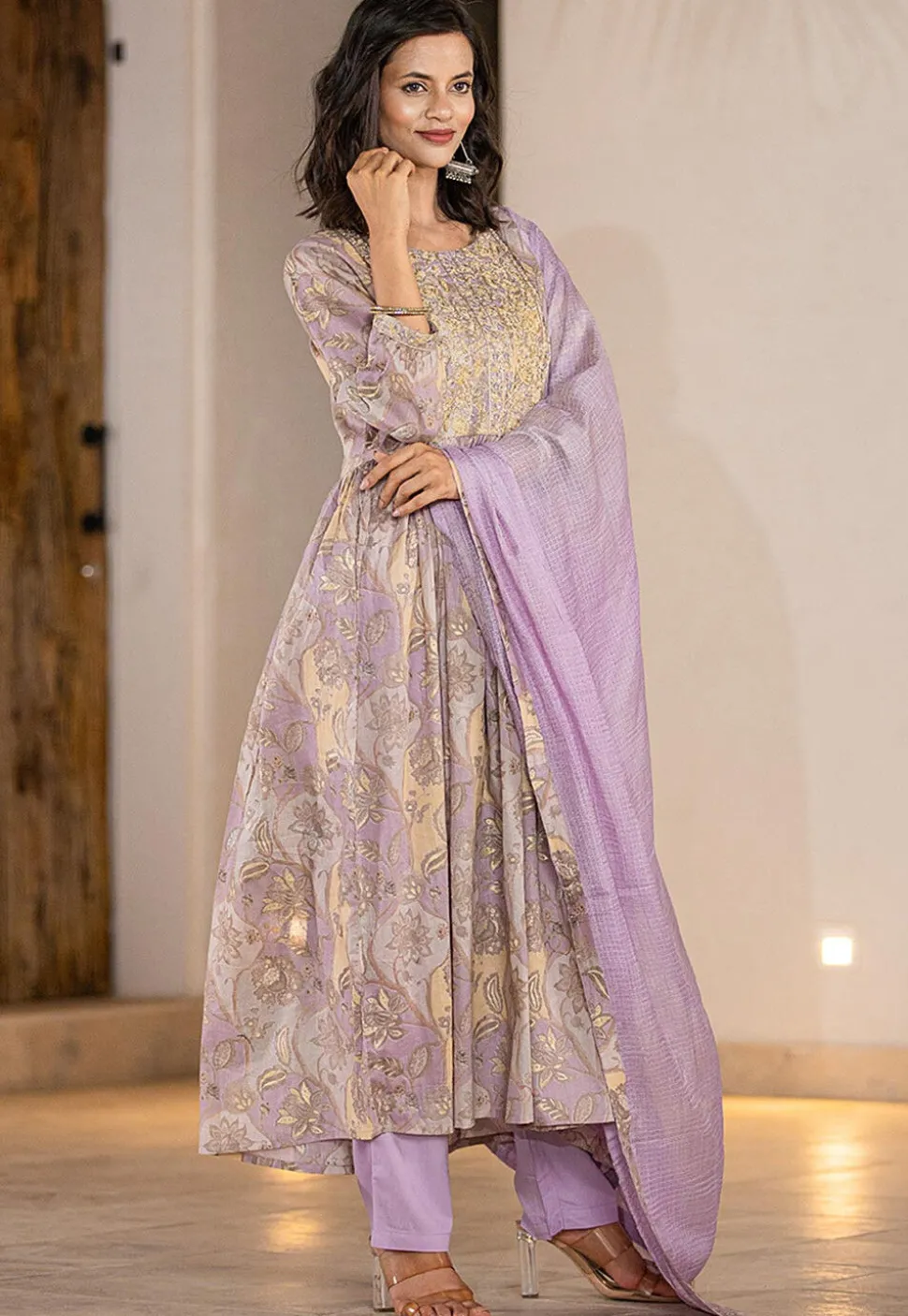 Digital Printed Organic Cotton and Malmal Cotton A Line Suit in Light Purple