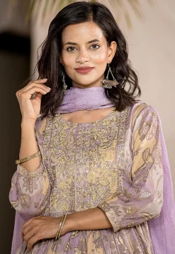 Digital Printed Organic Cotton and Malmal Cotton A Line Suit in Light Purple