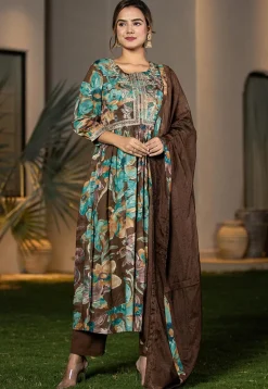 Digital Printed Organic Cotton and Malmal Cotton A Line Suit in Dark Brown