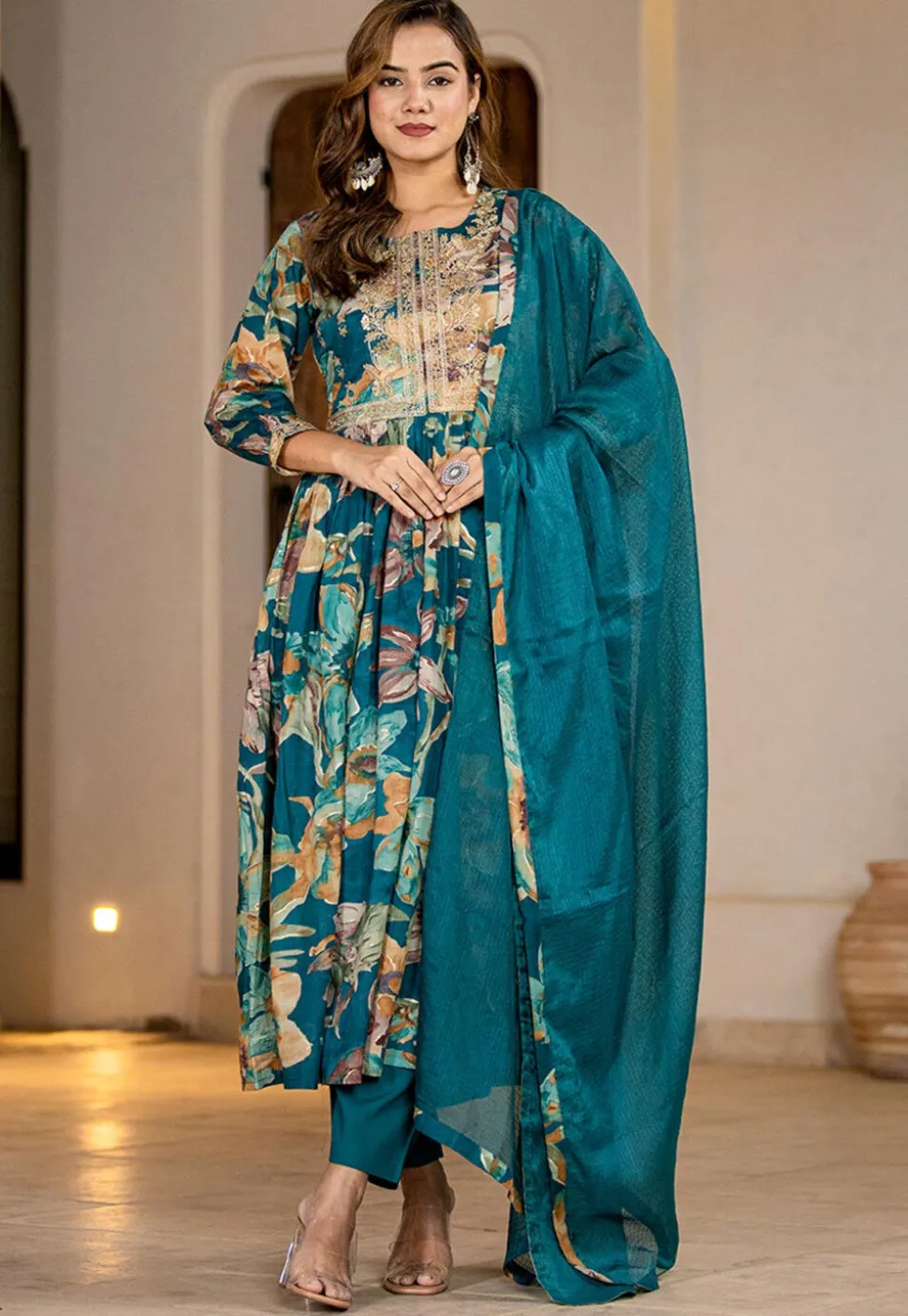 Digital Printed Organic Cotton and Malmal Cotton A Line Suit in Dark Teal Blue
