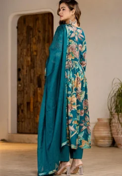 Digital Printed Organic Cotton and Malmal Cotton A Line Suit in Dark Teal Blue