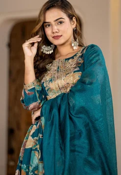 Digital Printed Organic Cotton and Malmal Cotton A Line Suit in Dark Teal Blue