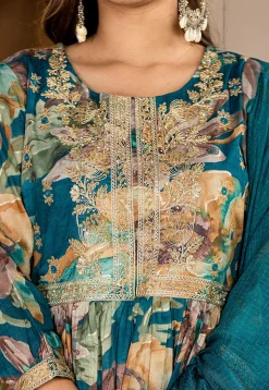 Digital Printed Organic Cotton and Malmal Cotton A Line Suit in Dark Teal Blue