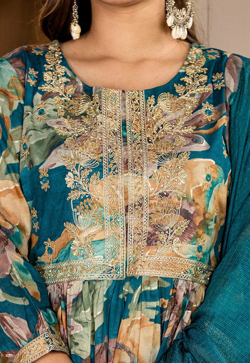 Digital Printed Organic Cotton and Malmal Cotton A Line Suit in Dark Teal Blue