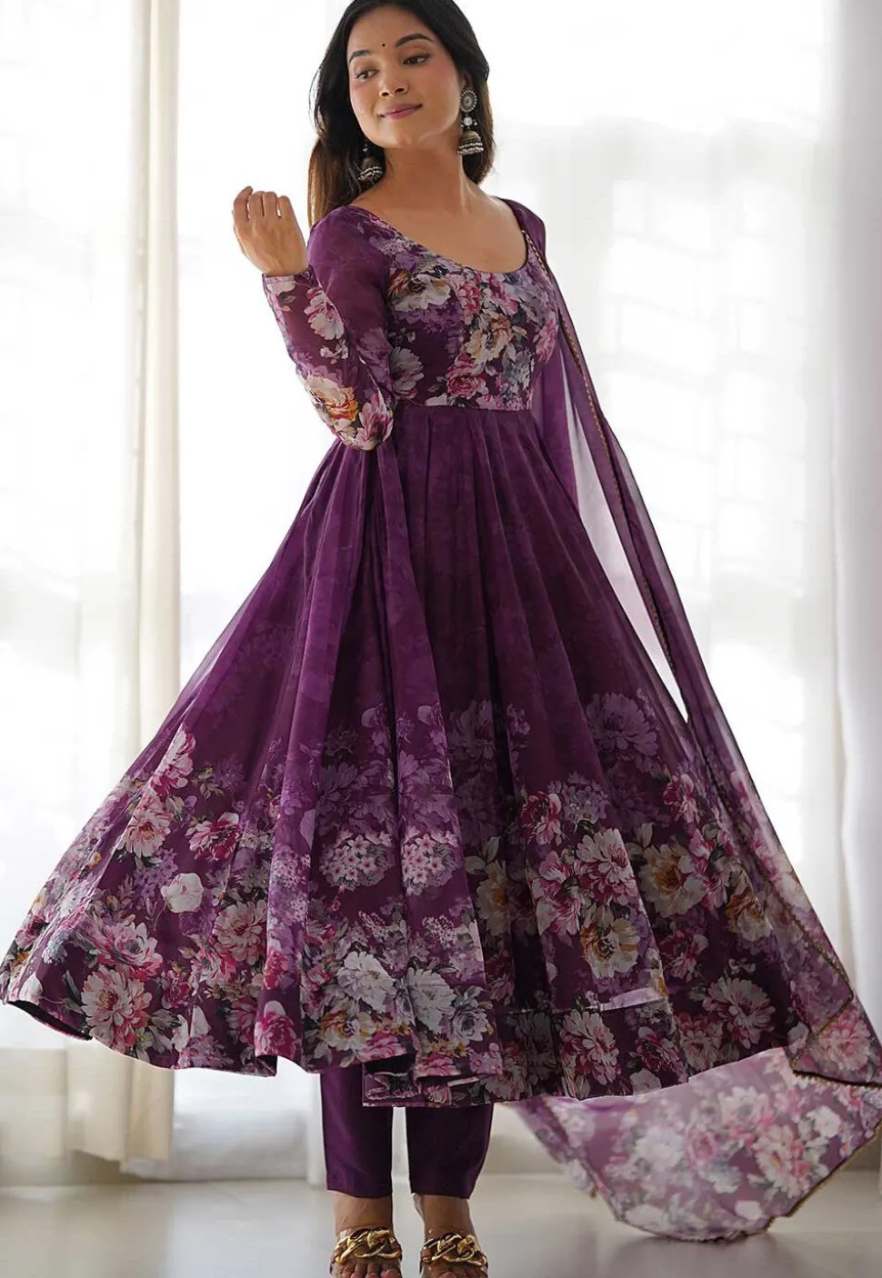 Digital Printed Organza Aline Suit in Dark Purple