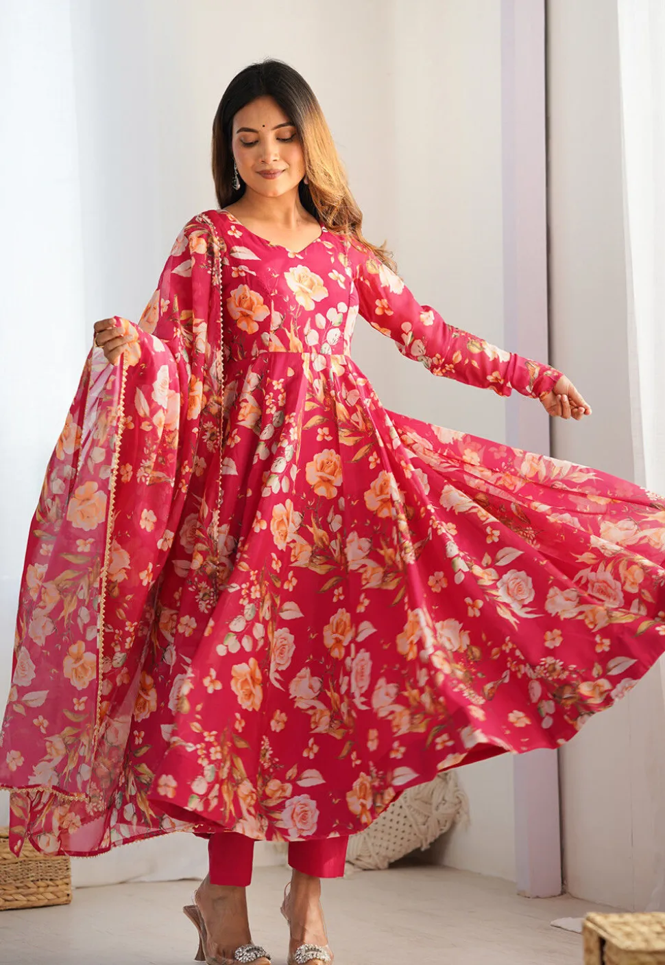 Digital Printed Organza A Line Suit in Pink