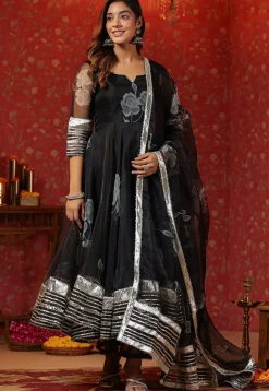 Digital Printed Organza Aline Suit in Black