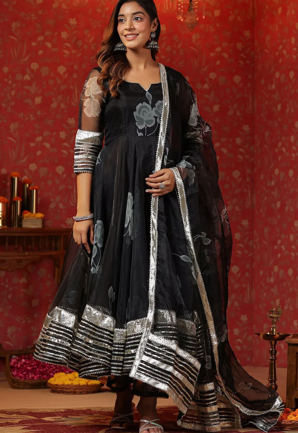Digital Printed Organza Aline Suit in Black