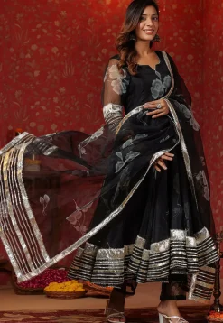 Digital Printed Organza Aline Suit in Black