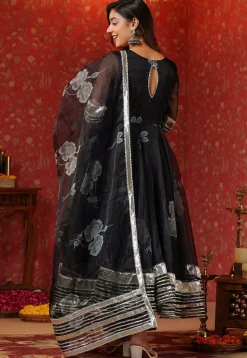 Digital Printed Organza Aline Suit in Black