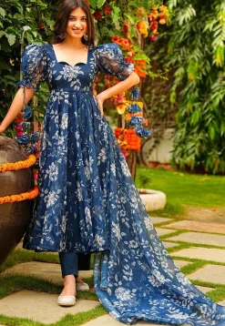 Digital Printed Organza Aline Suit in Teal Blue