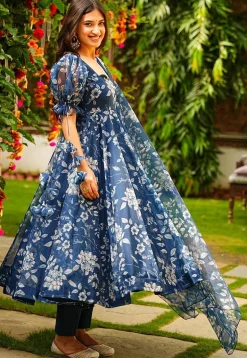 Digital Printed Organza Aline Suit in Teal Blue