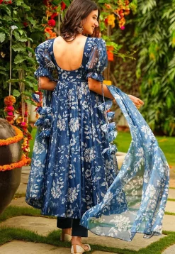 Digital Printed Organza Aline Suit in Teal Blue