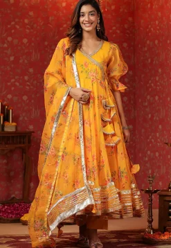 Digital Printed Organza Aline Suit in Yellow
