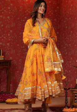Digital Printed Organza Aline Suit in Yellow