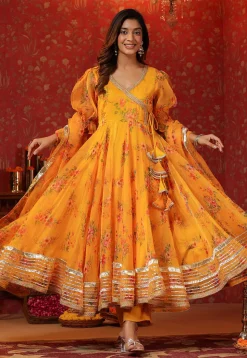Digital Printed Organza Aline Suit in Yellow