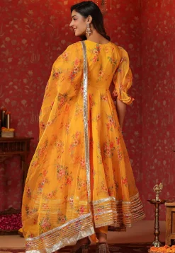 Digital Printed Organza Aline Suit in Yellow
