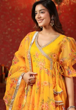 Digital Printed Organza Aline Suit in Yellow