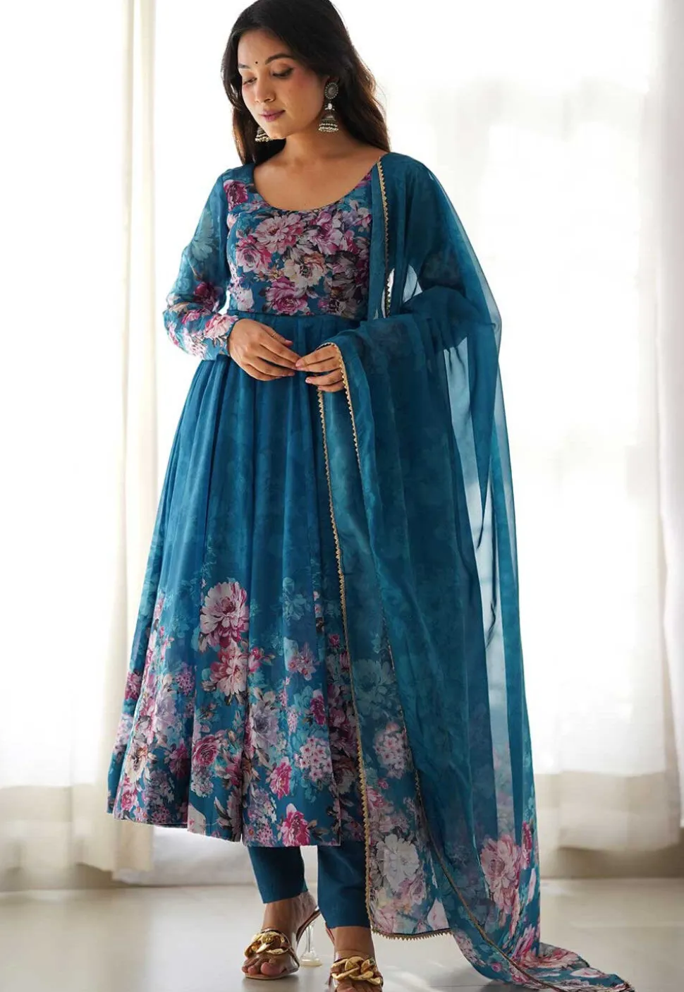 Digital Printed Organza Aline Suit in Teal Blue