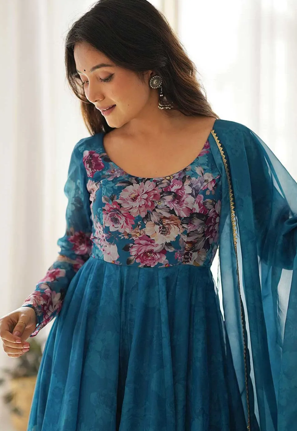 Digital Printed Organza Aline Suit in Teal Blue