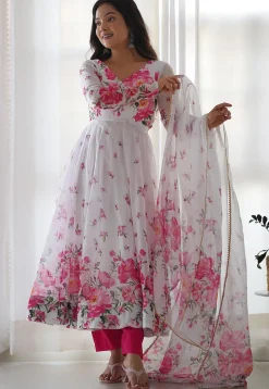Digital Printed Organza Anarkali Suit in Off White