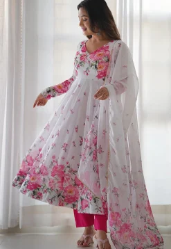 Digital Printed Organza Anarkali Suit in Off White