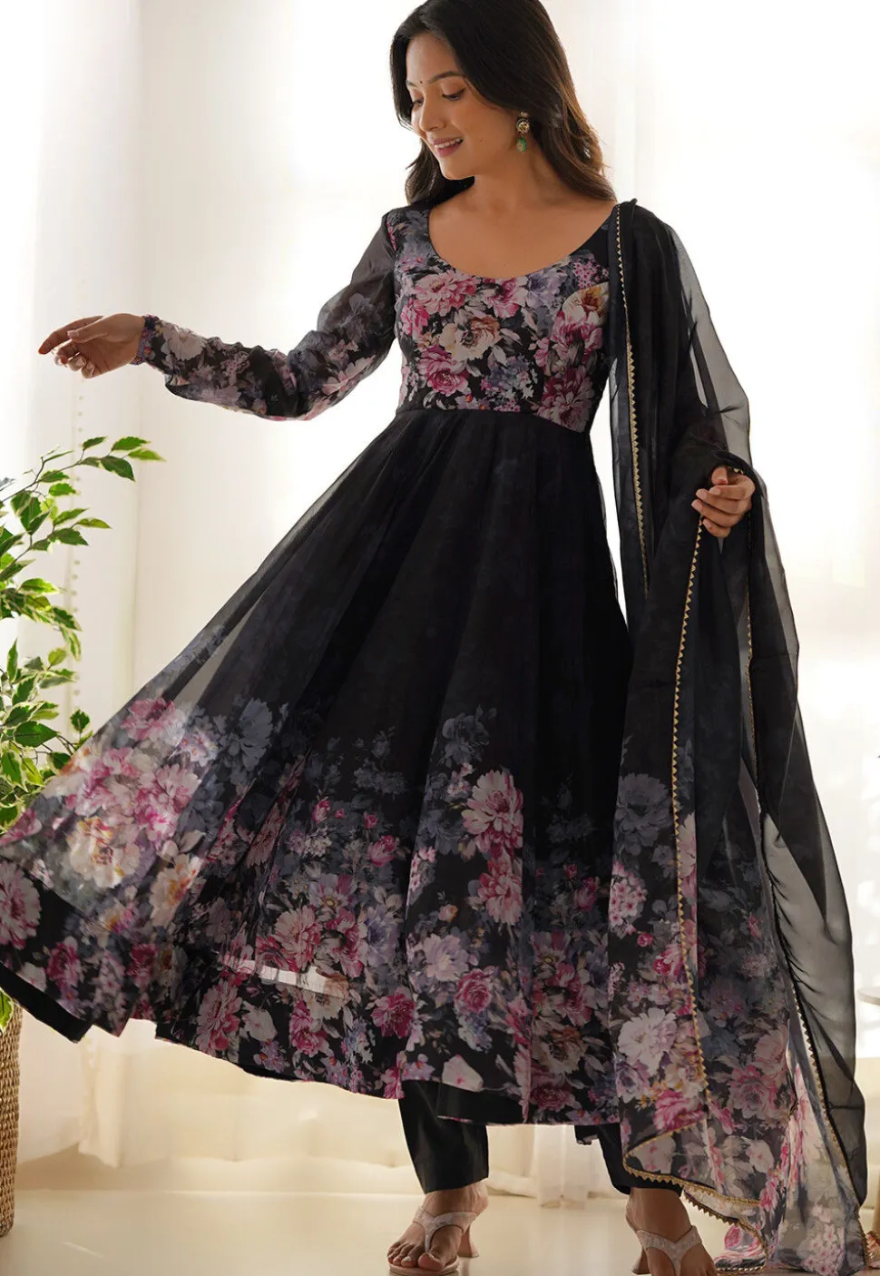 Digital Printed Organza A Line Suit in Black