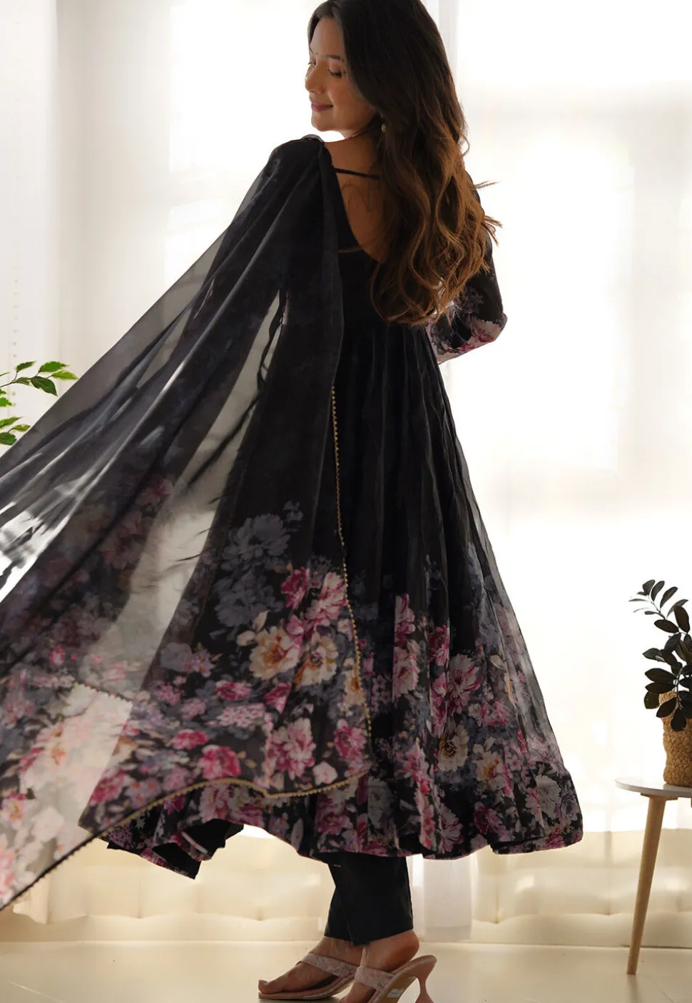 Digital Printed Organza A Line Suit in Black