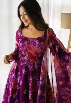 Digital Printed Organza Abaya Style Suit in Purple