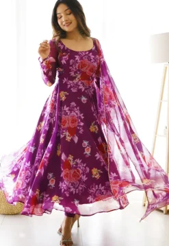 Digital Printed Organza Abaya Style Suit in Purple