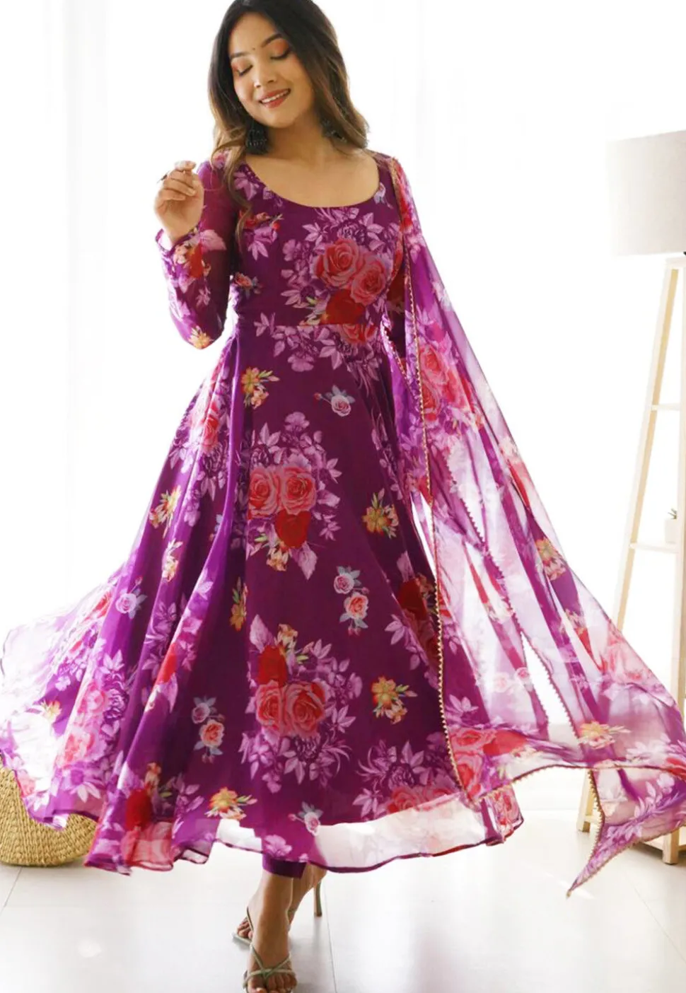 Digital Printed Organza Abaya Style Suit in Purple