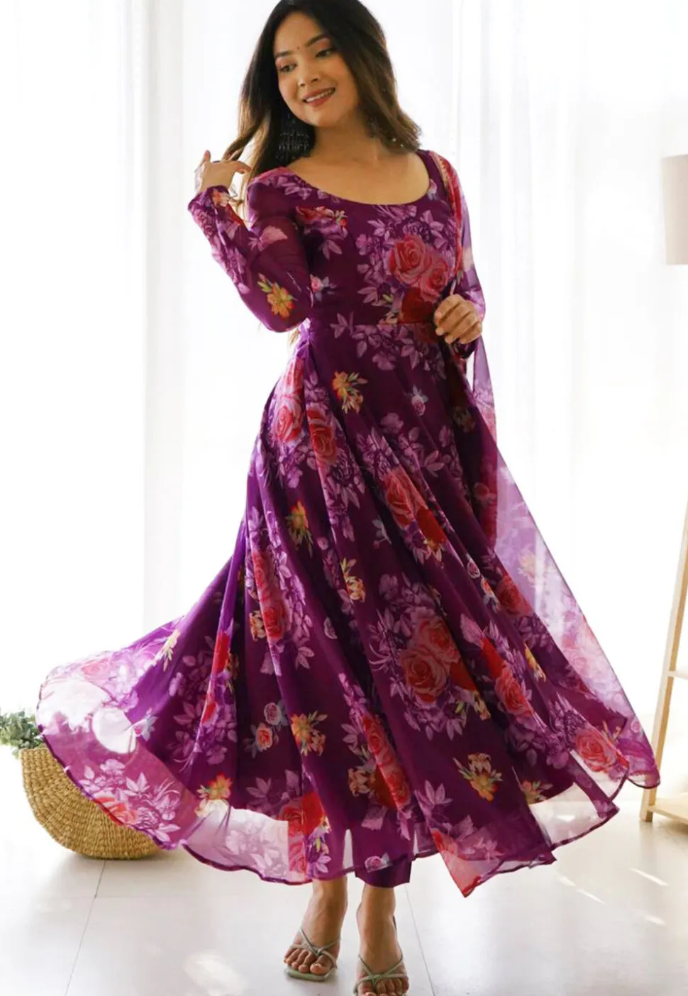 Digital Printed Organza Abaya Style Suit in Purple