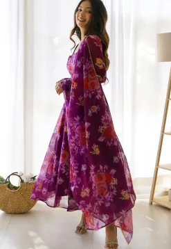 Digital Printed Organza Abaya Style Suit in Purple