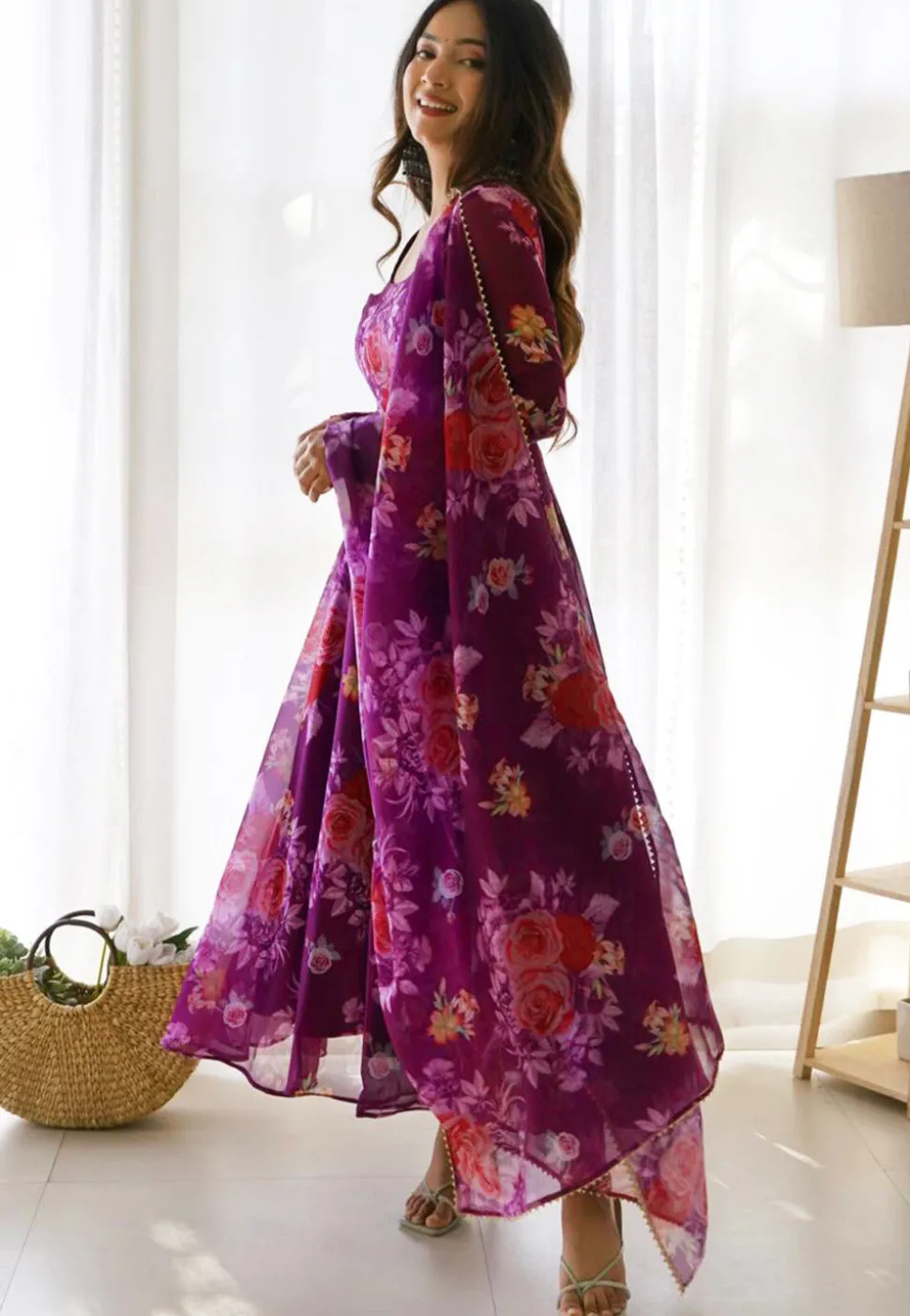 Digital Printed Organza Abaya Style Suit in Purple