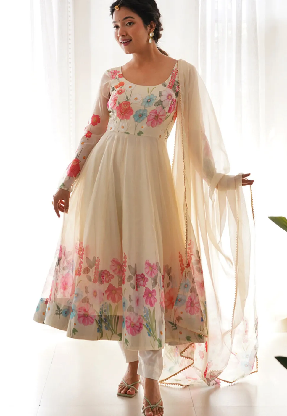 Digital Printed Organza Anarkali Suit in Cream