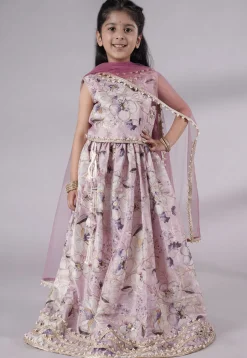 Digital Printed Organza Art Silk Lehenga in Pink