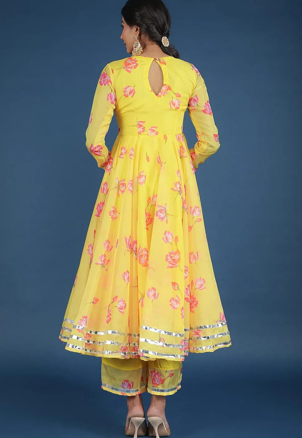 Digital Printed Organza A Line Suit in Yellow