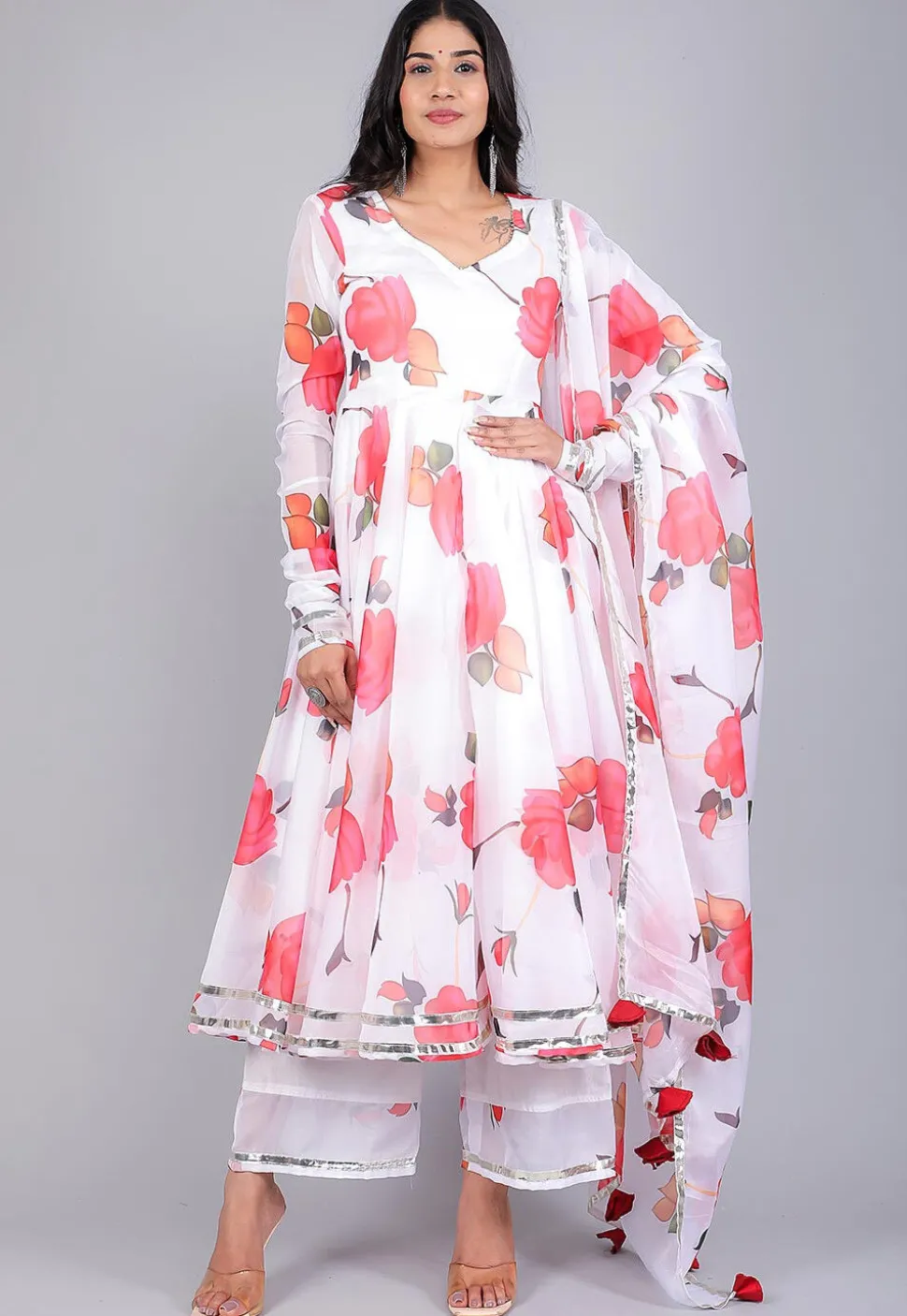 Digital Printed Organza A Line Suit in White